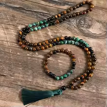 8mm Yellow Tiger Eyes Turquesa Africana Black Onyx Japamala Set Meditation Yoga Spirit Jewelry 108 Mala Beaded Tassel Necklace - My Store
